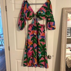 FARM Rio Vibrant Leaf Print Long Sleeve Dress